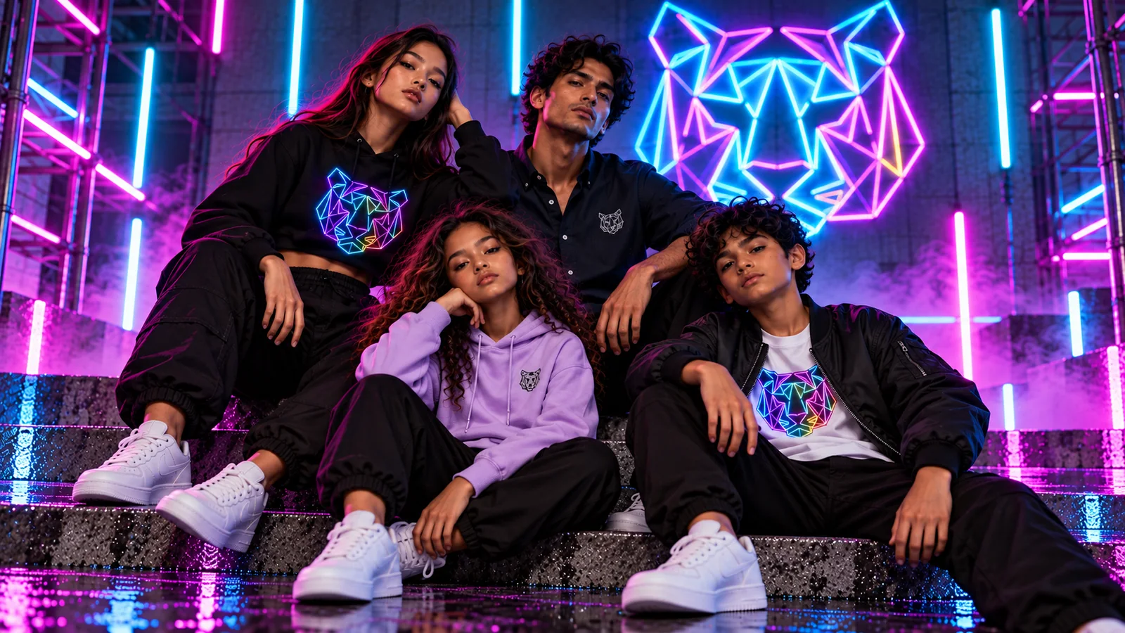 NEÓN TIGRE hero image featuring a group of models in neon streetwear.